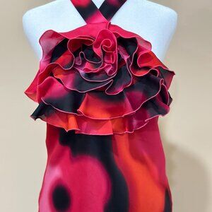 Women Vintage Express Halter Blouse Ruffle Flower Red Black Pink Size S Back Bow